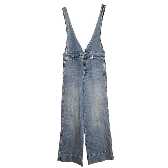 Free People Overalls Womens 4 Blue Denim Wide Leg Adjustable Straps Pockets Zip - Picture 1 of 16